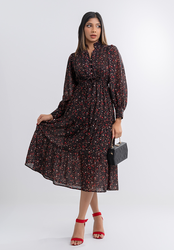 SOPHIA BLACK PRINTED FLORAL DRESS